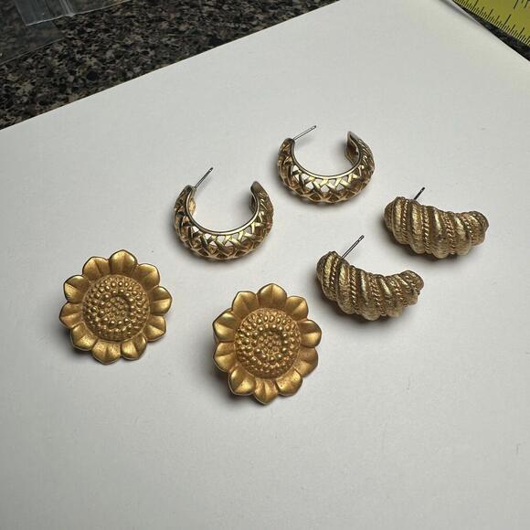 Matte Gold Tone Oversized Stud / Half Hoop Pierced Earrings Women’s Lot Of 3 - Picture 2 of 7